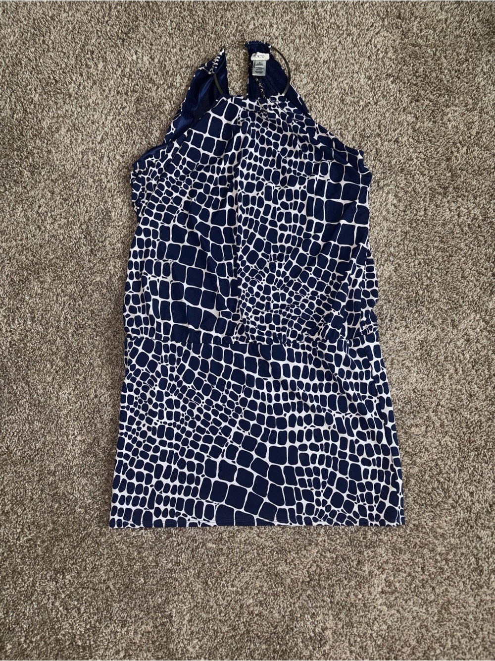Cache Y2K Halter Mini Dress Size 4 Navy White Animal Print Metal Neck Party